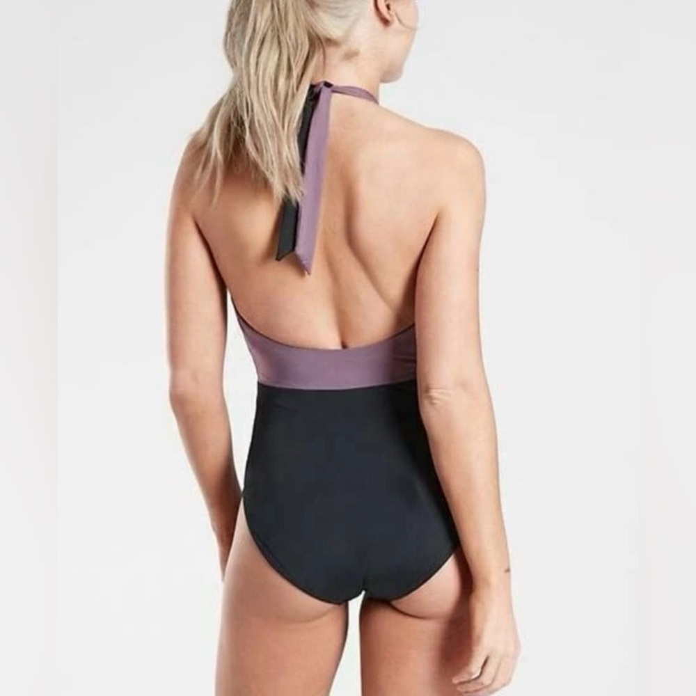 Athleta High-Neck Colorblock One-Piece Swimsuit Size Small Black/ Violet NWT - Picture 2 of 8